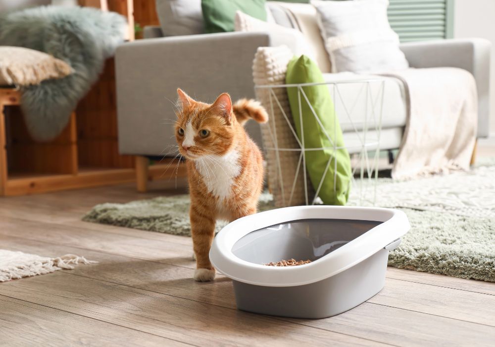 cat next to litter box to Prevent Cat Pee Accidents